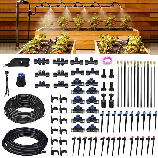 Drip Irrigation Kit for Garden Automatic Watering System with Quick Connect Fittings Adjustable Spray Nozzles Water Saving Irrigation System for Yard Greenhouse Lawn &amp Potted Plants (106FT)
