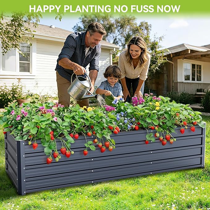 Ohuhu 8x3x1.5FT Metal Raised Garden Bed Outdoor Reinforced Galvanized Steel Rustproof Planter Box 100% Non-Toxic 269 Gal Large Capacity Heavy Duty Raised Beds for Vegetables Flowers Herbs 2-Pack