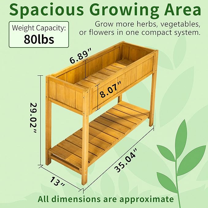 Premium Fir Wooden Raised Garden Bed with Four Legs for Backyard and Balcony GardeningSuitable for Indoor and Outdoor useBottom with Storage Rack35.04''×13''×29.92''