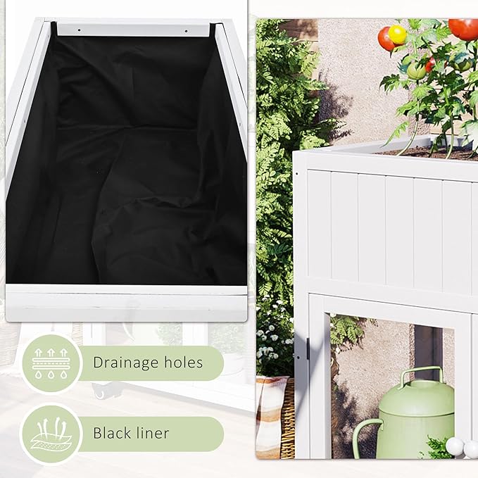 Patio 35.4''x17.7''x37.4'' Wood Cold Frame Compact 2 Doors GGreenhouse with Wheels Raised Bed with Liner for Indoor Outdoor Use White