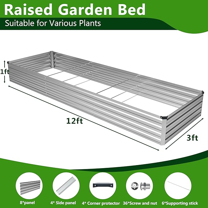 2PCS 12x3x1ft Galvanized Raised Garden Bed Kit Galvanized Planter Raised Garden Boxes Outdoor Large Metal Raised Garden Beds for VegetablesSilver