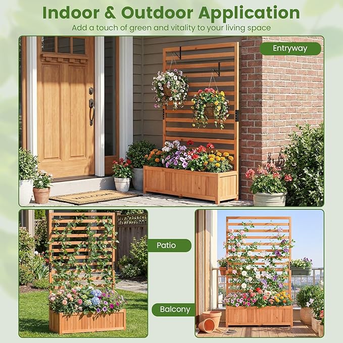 IRONMAX Raised Garden Bed with Trellis Wood Planter Box with Liner Drainage Gaps for Climbing Plants Vines Flowers Vegetables Outdoor Privacy Screen Planter for Patio Porch Backyard