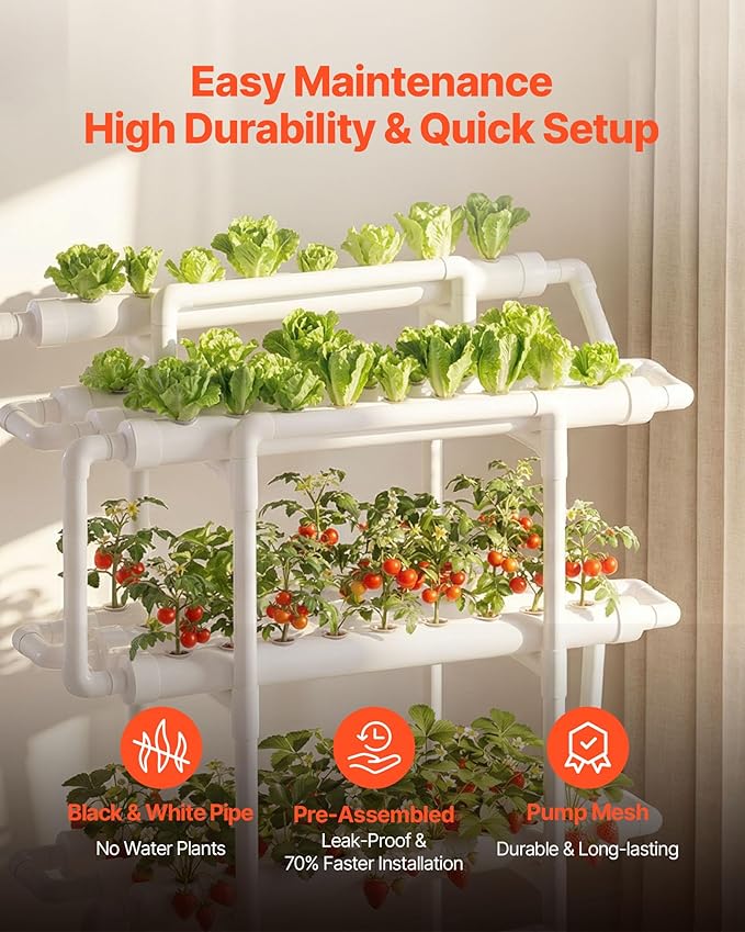 VEVOR Hydroponics Growing System Kit 3-Tier 90 Sites UPVC Pipe Hydroponic Grow Kit with Timed Irrigation Sun &amp Light Blocking Pipes Indoor Home Garden Vegetable Planting Grow Kits for Fruit Her