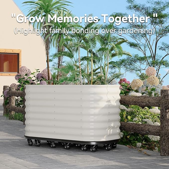 Self-Watering Wheeled Metal Garden Bed with Built-in Water Storage Mobile Raised Planter Box with Lockable Wheels Indoor/Outdoor Rolling Grow Station for Veggies