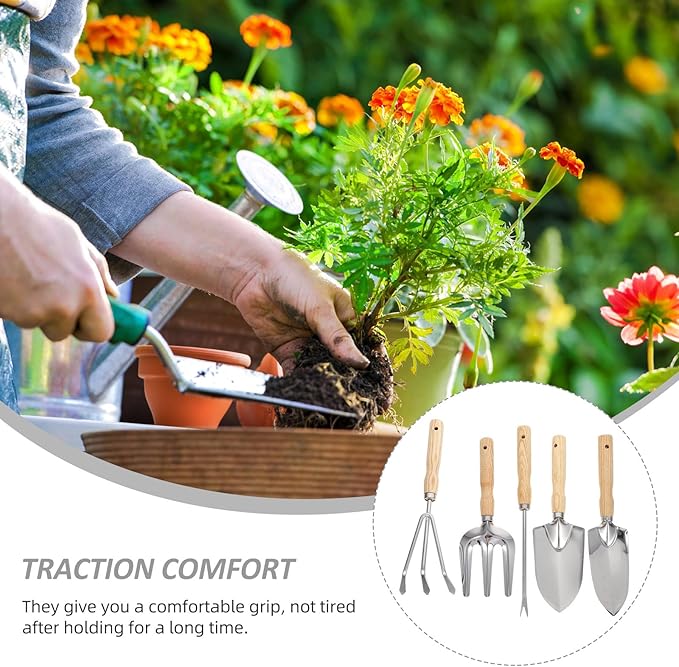 TEHAUX 5pcs Garden Tool Set with Wooden Handles Mini Shovel Rake and Planting Spades for Outdoor Gardening Soil Loosening and Weeding Tasks Portable Hand Tools for Home and Backyard