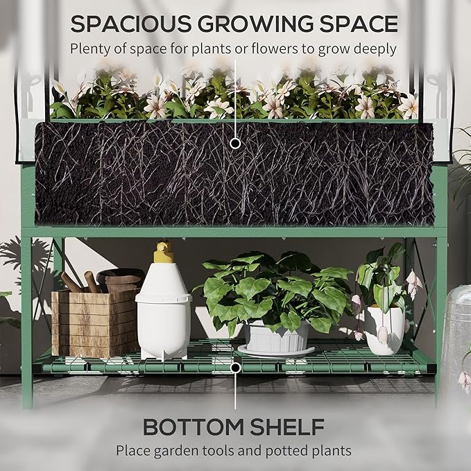 Outsunny Raised Garden Bed with Cover and Storage Shelf Rectangular Metal Elevated Planter Box with Legs and Bed Liner for Vegetables Flowers Herbs Green