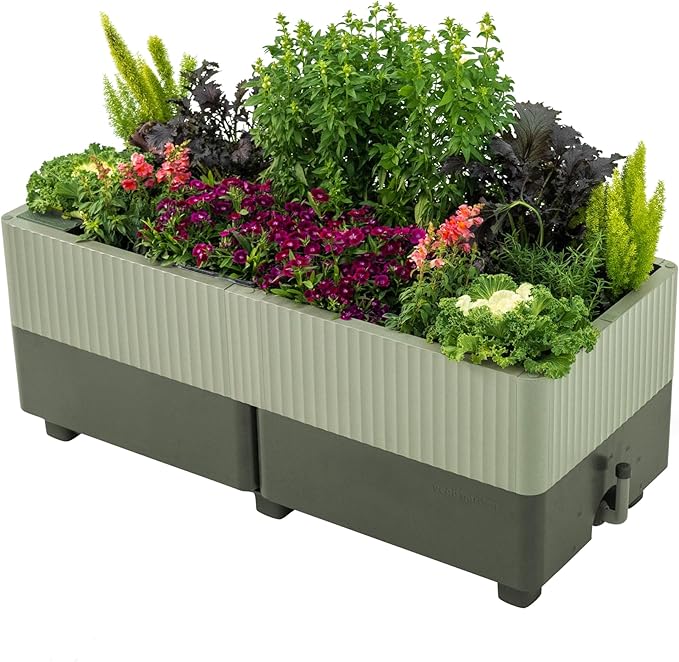 Vego garden EZCube Self Watering Planter Box Outdoor Raised Garden Bed with Water Gauge for Balcony Rooftop Patio Backyard 21 x 48 Sage Green