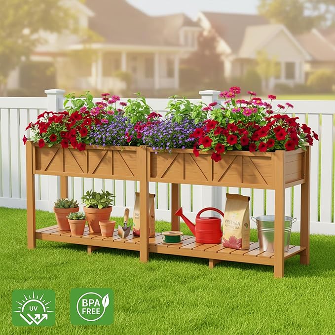 HIPS Elevated Raised Garden Bed with Legs72L x 17.3W x 28.7H Large Outdoor Planter Box with Storage RackAll-Weather Raised Bed Planters with 6 Hooks &amp 2 Non-Woven Liner for Vegetables Flower