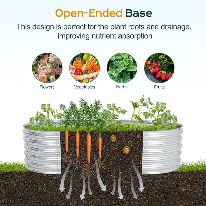 Aoodor Galvanized Raised Garden Bed Kit 5.3 x 2.6 x 1.4 Ft Oval Planter Box for Vegetables Flowers and Herbs Outdoor Use Silver