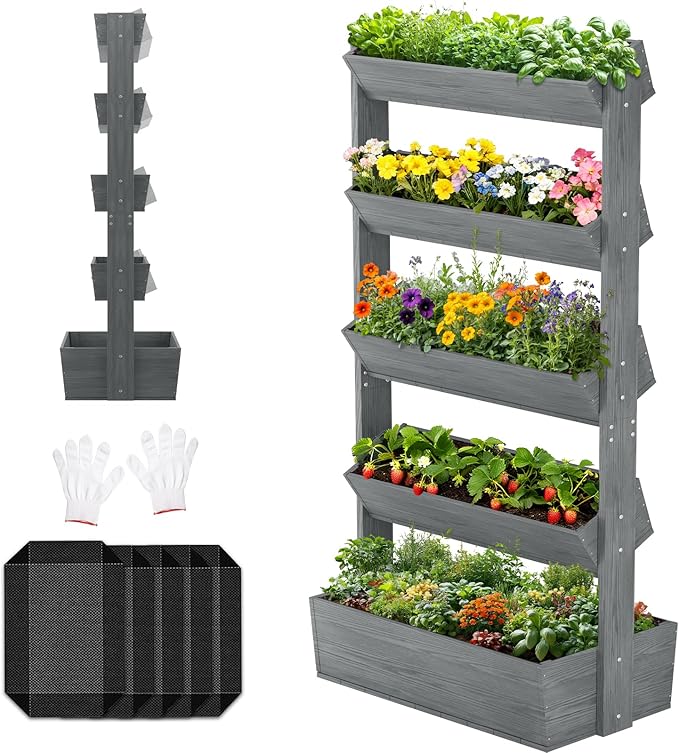 Wooden Vertical Raised Garden Bed 5 Tier Garden Planters Raised Beds Freestanding Plant Stand Flower Rack Wooden Planter Box for Plants Herbs Flowers Vegetables Outdoor Indoor Gardening
