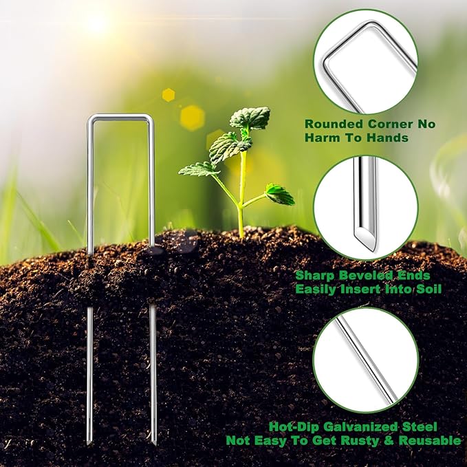 6 Inch Landscape Staples Set 11 Gauge Galvanized U-Shaped Garden Stakes (100 Pack) with Gaskets Hook Tool &amp Rubber Mallet for Weed Fabric &amp Landscaping
