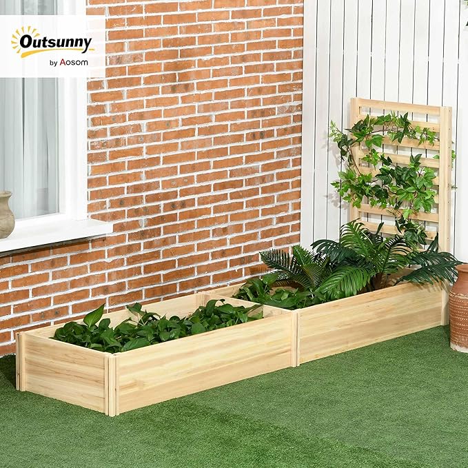 Outsunny Raised Garden Bed with Trellis and 2 Compartments 43 Inch Wooden Planter Box Kit for Outdoor Plants Vegetables Flowers Herbs Climbing Easy Assembly Natural Tone