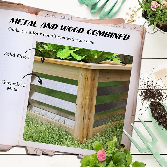 Raised Garden Bed Kit - Reinforced Metal &amp Wood Planter for Flowers Herbs &amp Vegetables