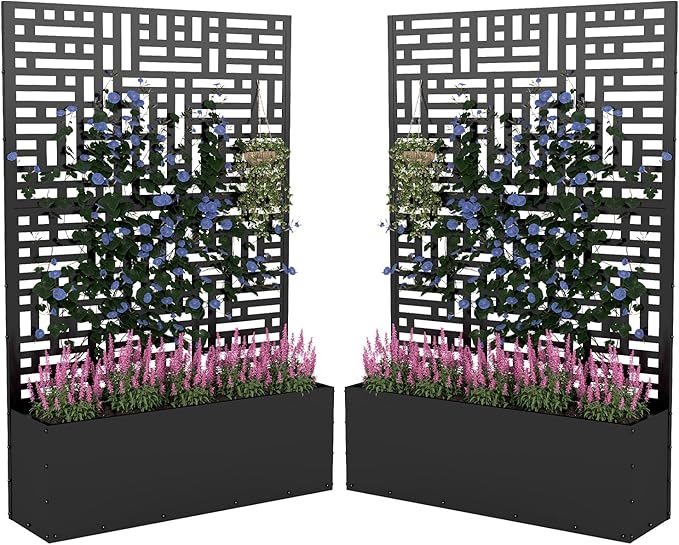 Metal Planter Box with Trellis70.9x47.2x15.7 Raised Garden Bed with Drainage Holes Privacy Planters for Outdoor Garden Bed for Climbing PlantsVegetablesand Vines2PCSBlack-Modular