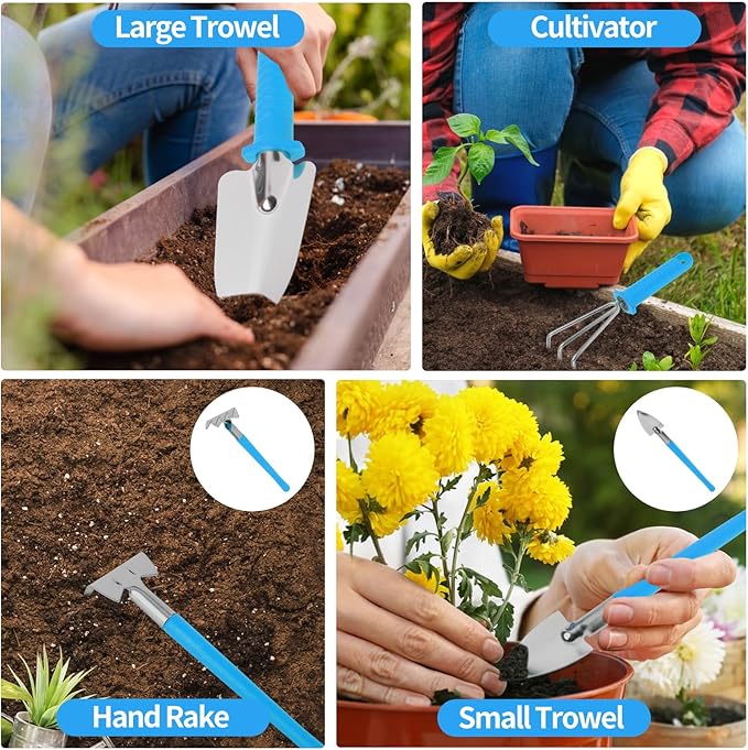 Gardening Tool Set 11 Pieces Gardening Tools with Carrying Case Garden Tool Kit for Digging Planting Pruning Unique Gardening Set with Gloves for Women and Men (Blue)