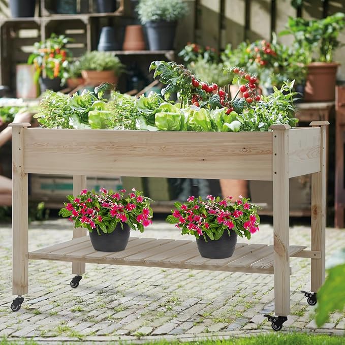 Wooden Garden Bed Raised Garden Bed Elevated Wood Planter Box Stand Patio Planter Grown Box for Backyard Patio Balcony w/Bed Liner Outdoor &amp IndoorElevated Garden Grow Box with Wheels