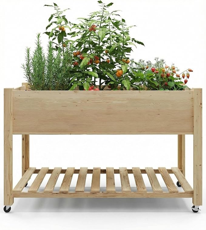 Wooden Raised Garden Bed with Wheels and Legs Planter Box with Storage Shelf &amp Protective Liner Outdoor Raised Planter Box for Growing Vegetables and Herbs Easy Assembly