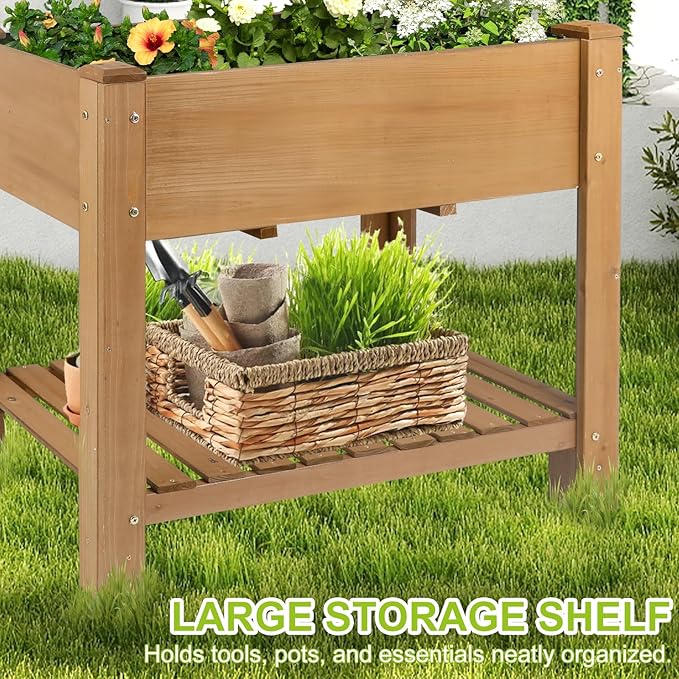 Raised Garden Bed with Legs - Elevated Wooden Planter Box Durable Fir Wood Reinforced Frame with Drainage Holes Liner and Storage Shelf for Vegetables Herbs Flowers 33.5 x 18 x 30