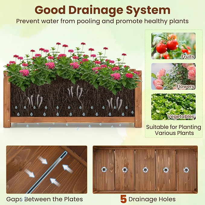 Giantex Wooden Raised Garden Bed w/ 5 Drainage Holes Elevated Rectangular Outdoor Planter Box for Flowers Herbs Vegetables Wood Gardening Container for Patio Garden Yard Balcony 36'' x 16'' x 15''