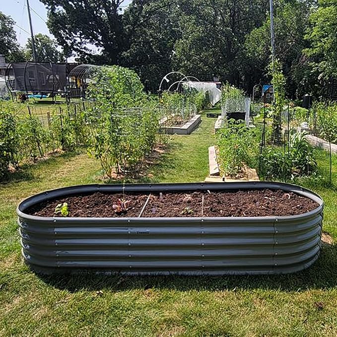 2 Pack 8x3x1.5FT Galvanized Raised Garden Bed Kit Oval Metal Ground Planter Box Outdoor Bottomless Planter Raised Beds for Vegetables Flowers Herbs Fruits Gray