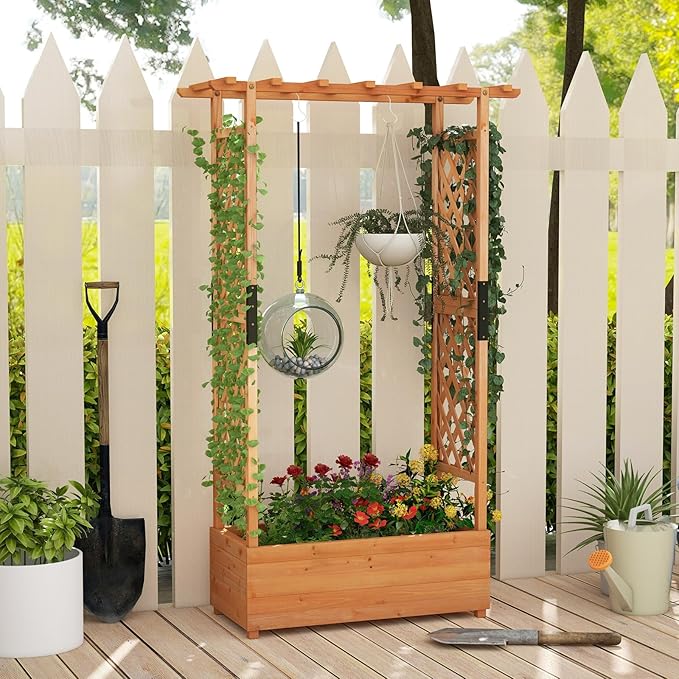 Raised Garden Bed with Trellis Set of 2 Wood Garden Planter w/Hanging Roof Drainage Holes for Vine Climbing Plants Elevated Planter Box for Patio Yard 43.5 x 17.5 x 72