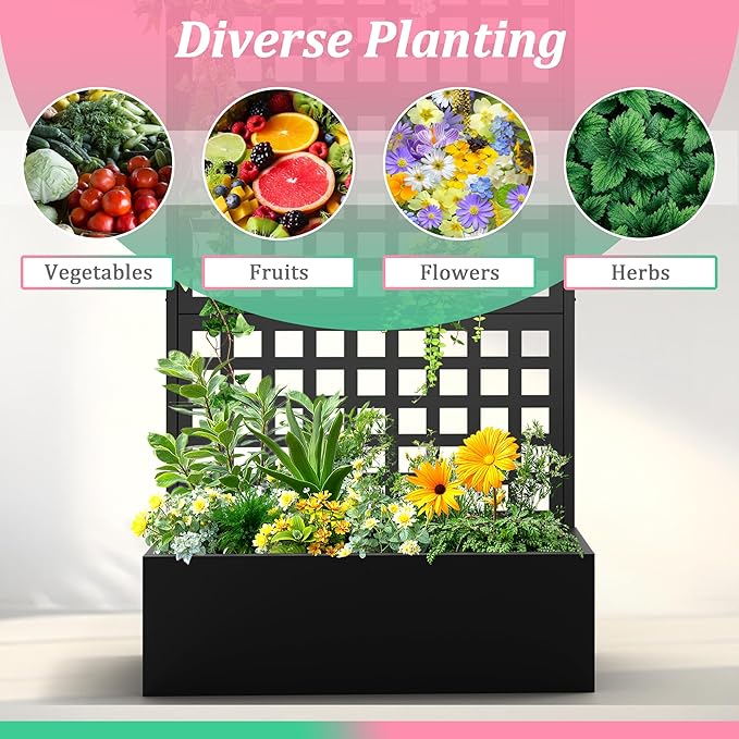 Metal Raised Garden Bed with Trellis for Climbing Plants Vegetable VinesMetal Planter Box with Trellis 71x35x16Trellis with Planter Box &amp Privacy Screen(Black)