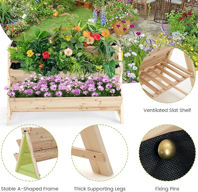 S AFSTAR 3-Tier Vertical Garden Bed Wooden Elevated Planter Bed with Legs Storage Shelf 2 Hooks Raised Bed Kit for Flower Vegetable Herb Outdoor Plant Box Stand for Yard Garden &amp Balcony