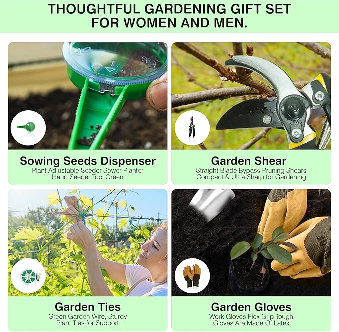 Garden Tools Set – Premium Stainless Steel Gardening Hand Tools with Solid Beechwood Handle – Gardening Kit with Rake Shovel Gloves Shears Tool Organizer – Garden Gifts for Women and Men