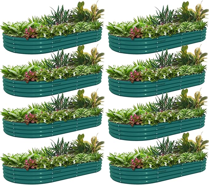 8 Pack 6x3x1FT Galvanized Raised Garden Bed Kit Oval Metal Ground Planter Box Outdoor Bottomless Planter Raised Beds for Vegetables Flowers Herbs Fruits Green