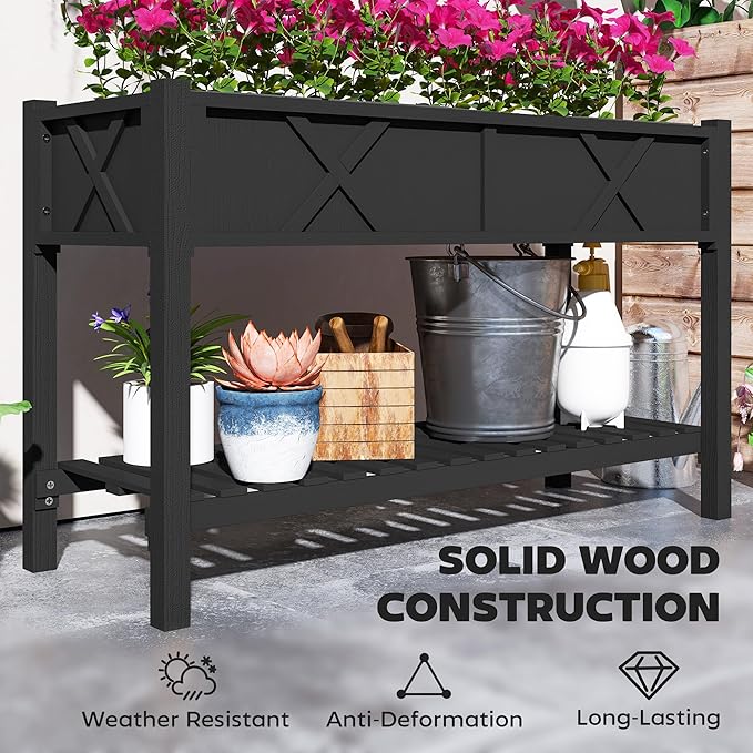 Elevated Wood Planter BoxRaised Garden Bedwith Storage ShelfDrainage Holesand Liner