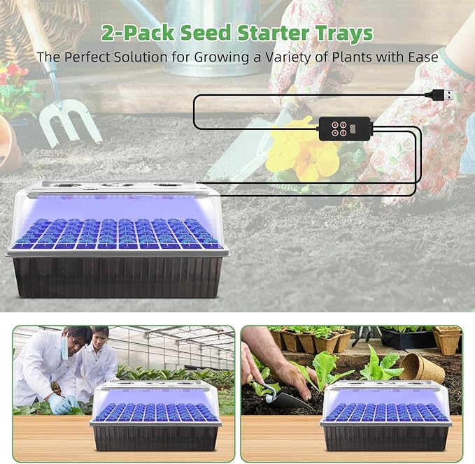 Indoor Seed Starting Kit with 60-Cell Self-Watering Tray LED Grow Light Timer Humidity Dome pH Meter for Plant Germination Vegetables Herbs Flowers