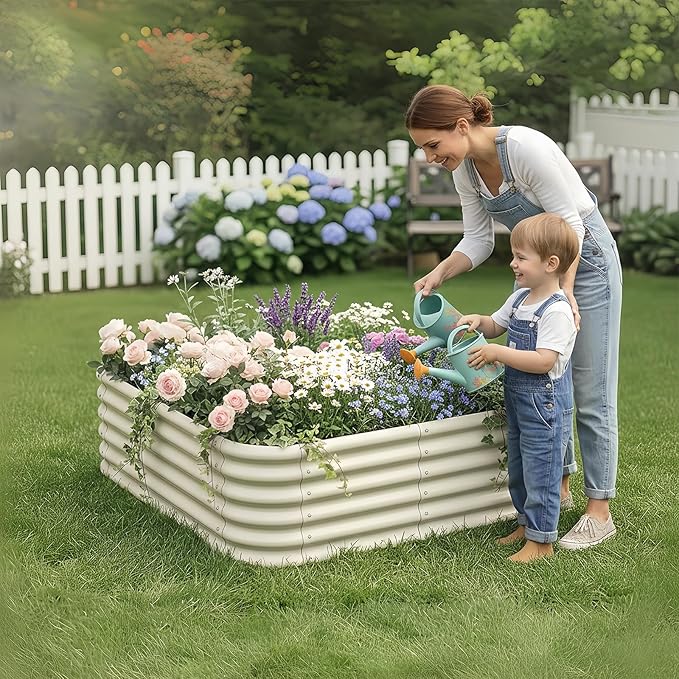 2-Pack 4x1.5ft Galvanized Raised Garden Bed Outdoor Planter Bed Metal Planter Box for Gardening and PlantingMilk White