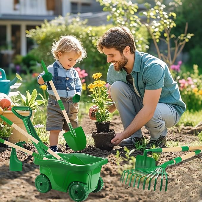 Duckura Kids Gardening Tools Set - 10pcs Wheelbarrow Set for Kids with Shovel Rake Leaf Rake Summer Outdoor Yard Digging Weed Toys Easter Birthday Gifts for Boys Girls Age 2 3+ Years(Green)