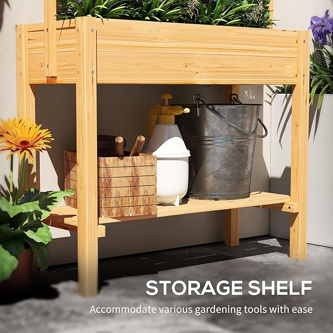 Outsunny Wooden Raised Garden Bed with Trellis Elevated Planter Box with Storage Shelf Outdoor Flower Box for Vegetables Flowers Herbs