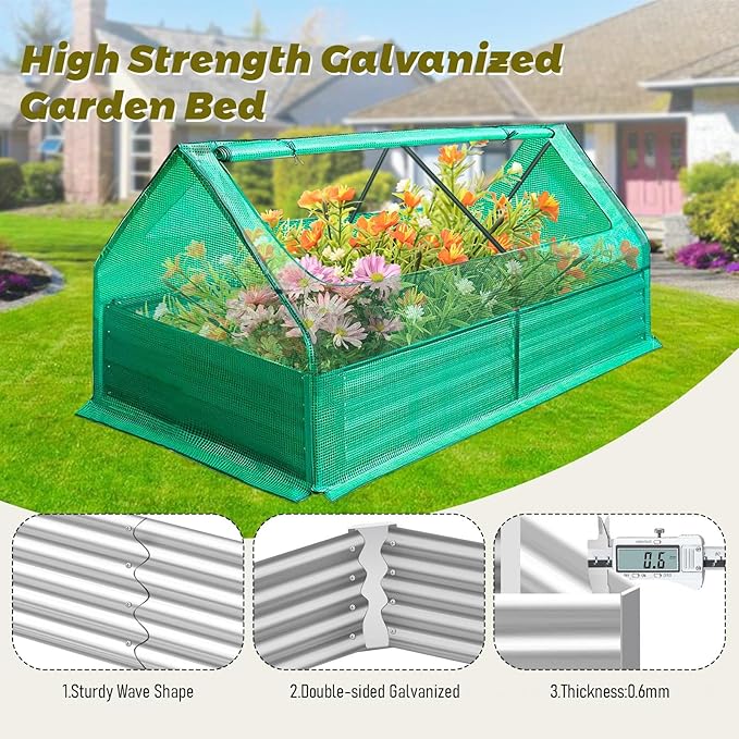 Greenhouse Raised Bed Heavy Duty 0.6mm Corrugated Steel Garden Planter Weatherproof Cover Protects from Sun Rain Frost Wind for Year-Round Vegetable Gardening