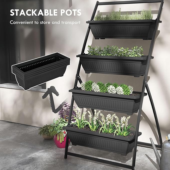 Outsunny Raised Garden Bed 4 Tier Vertical Garden Planter Set 4 Outdoor Planter Boxes with Stand Self Draining Design Elevated Garden for Vegetable Flowers &amp Herbs Black