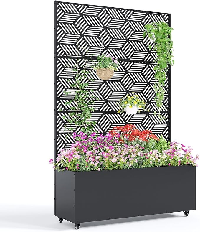 Garvee Metal Raised Garden Bed with Trellis and Wheels 71x47x16 Metal Planter Box with Trellis Privacy Screen for Climbing Plants Vegetable Vines Drainage Holes 15.8 Deep Planting BedBlack