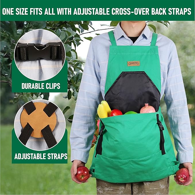 Grampa's Garden Apron - Cross Back Gardening Apron With Pockets For Women &amp Men | Harvest Apron with Large Kangaroo Pouch