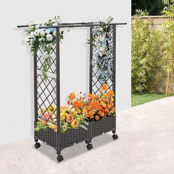 Planter with Trellis Raised Garden Beds 4.24ft Tall with 6 Wheels Indoor Outdoor Vegetable Flower Privacy Planter Box for Backyard Balcony Patio