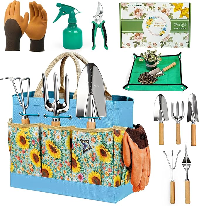 Garden Tool Set 10 PCS Gardening Essentials Stainless Steel Garden Hand Tools with Tote Bag Well-Designed Gardening Supplies Kit Gifts for Women Men Gardeners