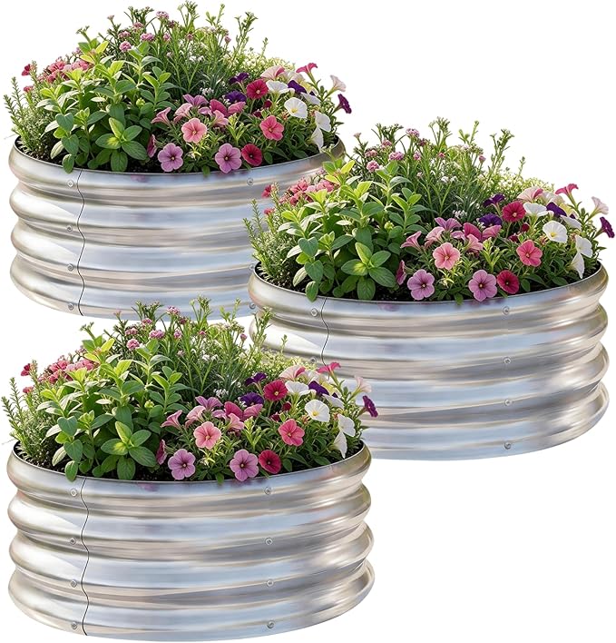 AHEONLAR 3Pack 2x2x1 ft Round Galvanized Raised Garden Bed Kit Round Metal Flower Box Large Planter Raised Beds Outdoor Garden for PlantingFruitHerb-Sliver