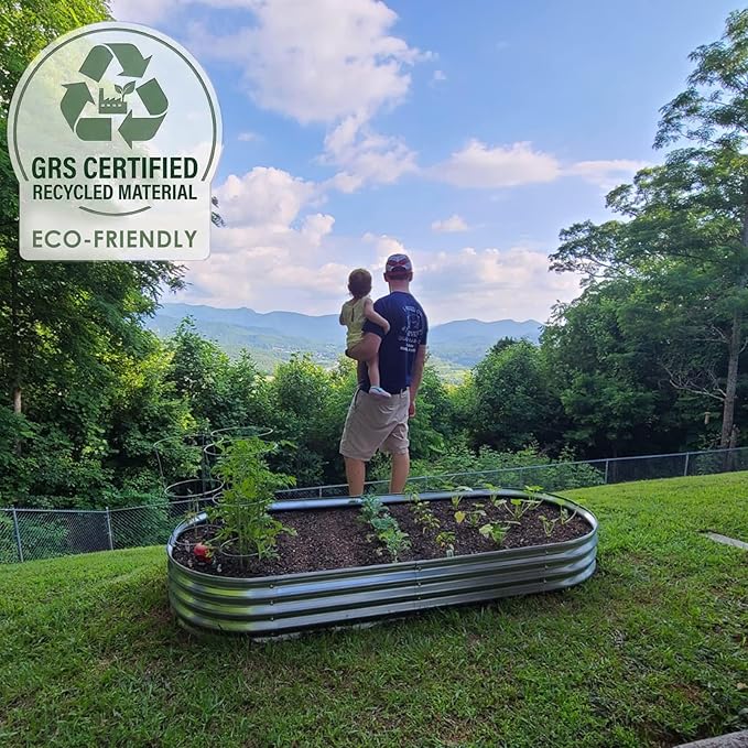 Raised Garden Bed GRS Certified Galvanized Planter Box Outdoor  6.5ft Oval Rot-Resistant Metal Garden Bed Planter Recycled Eco-Friendly Material Planter for Vegetables Flowers Herbs (Silver)