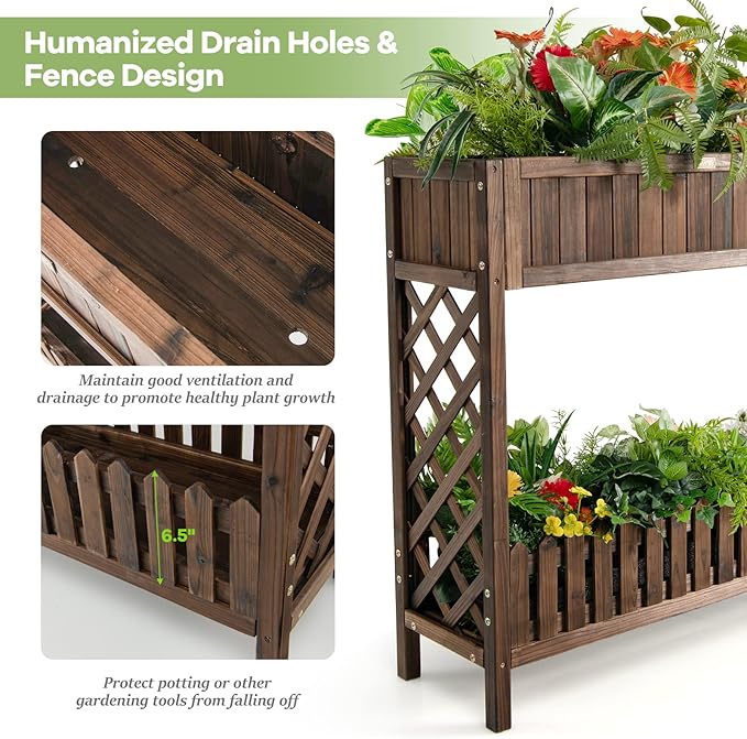 S AFSTAR 2-Tier Raised Garden Bed Indoor Outdoor Flower Bed with Bottom Shelf Fence 35.5” H Wood Elevated Planter Box for Vegetable Flower Herb Succulent Ideal for Patio Balcony Backyard