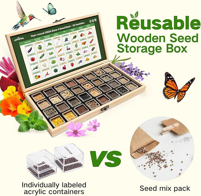 Lush&ampDew Year-Round USDA Zone 6 Heirloom Survival Seed Kit 32 Varieties 30000+ Non-GMO Seeds for Planting Vegetables Herbs Gardening Gifts for Women Men Raised Beds Indoor Outdoor Home Garden