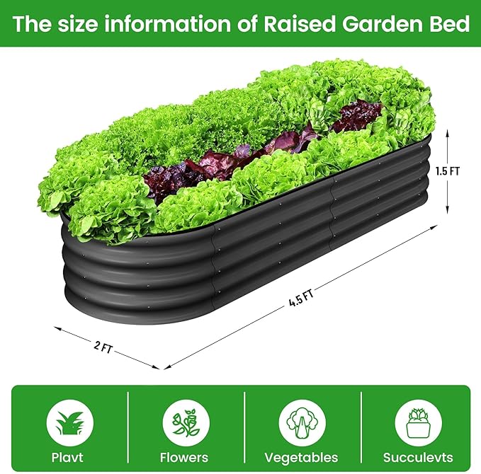 2 Pcs 4.5x2x1.5ft Oval Galvanized Raised Garden Beds Metal Planter Boxes with Open Base Tool-Free Assembly for Vegetables Flowers Herbs - Outdoor &amp Patio Use Gray