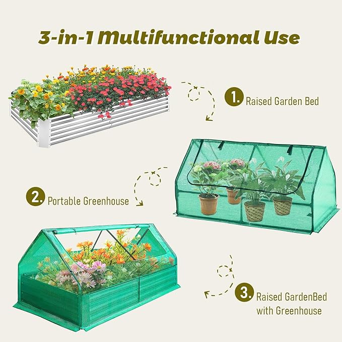 3-in-1 Raised Garden Bed Greenhouse Combo 6x3ft Portable Cold Frame &amp Elevated Planter Double Window Lid with Zipper for Easy Access Perfect for Patio Backyard Balcony