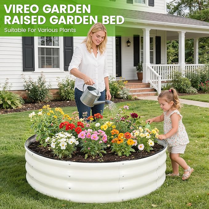 Galvanized Raised Garden Bed Outdoor 2Pcs | 4x4x1ft Metal Raised Beds for Gardening with Safety Rubber Strip | Round Planter Box for Plants Like Vegetables Fruits Flowers White