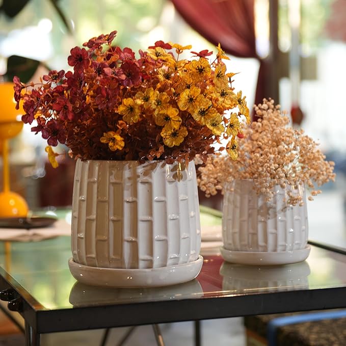 Handmade White Glazed Ceramic Planter Set of 2 6 8 Diameter Like Pattern for Orchids IndoorOutdoor Shelf Table Use Breathable Clay