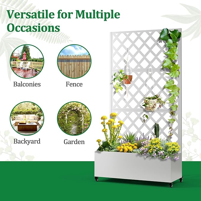 Metal Raised Garden Bed with Trellis and Wheels 2 in 1 Trellis with Planter Box &amp Privacy Screen for Climbing Plants Outdoor Standing Flower Beds with Drainage Holes 35.4L x 15.7W x 70.9H W