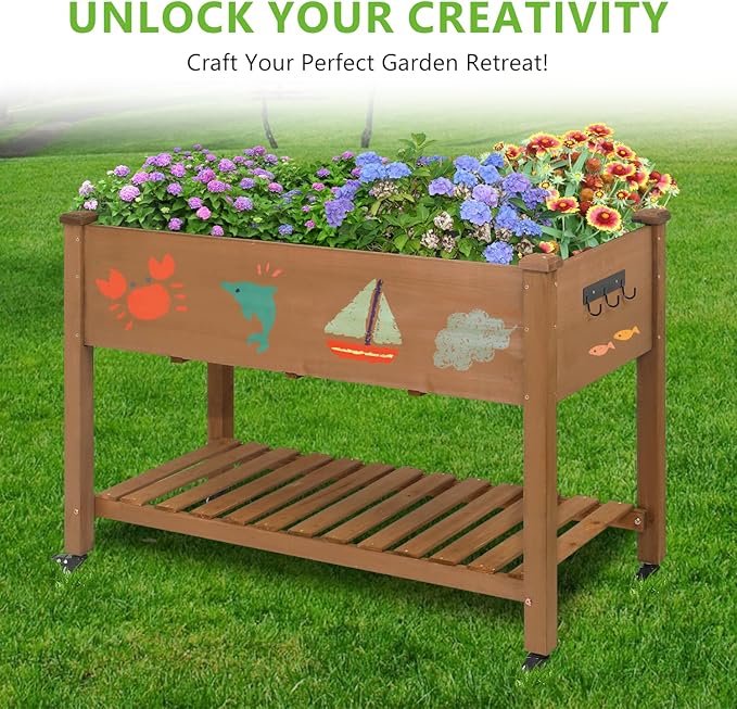 Raised Garden Bed with Legs &amp Wheels – Outdoor Elevated Planter Box with Storage Shelf &amp Hooks for Vegetables Flowers and Herbs for Outdoor Gardening Patio Balcony48x 24x 33(Brown)